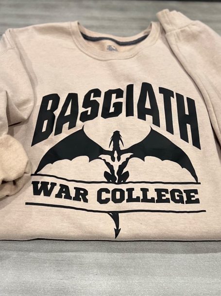 Alma mater style sweatshirt that reads Basgiath War College with two dragons